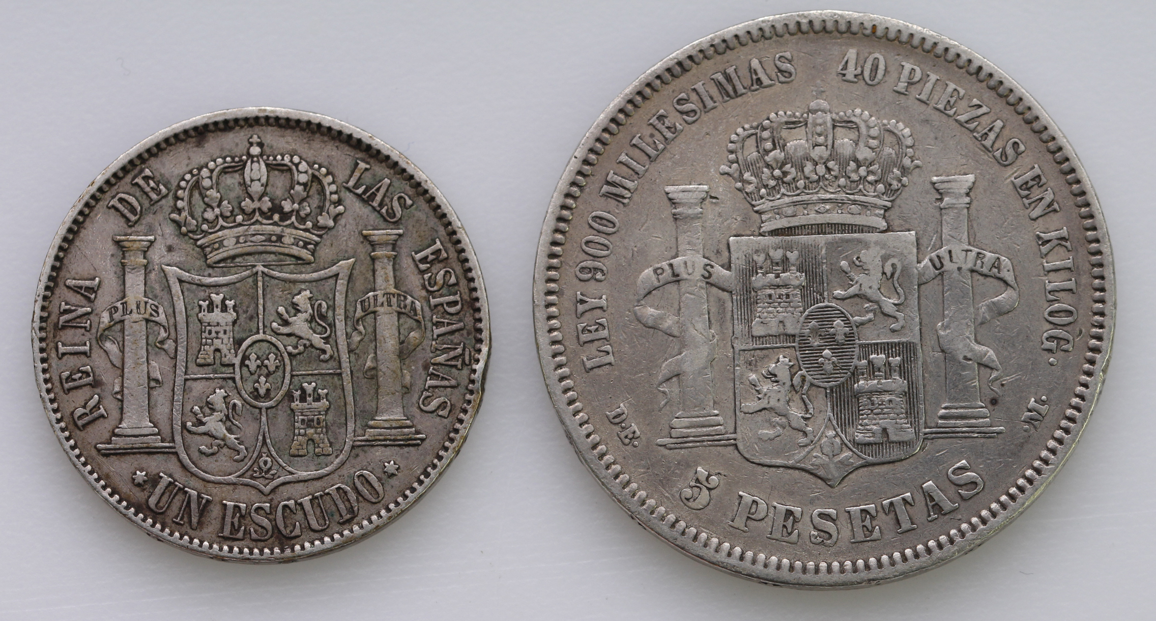 Spain (2) silver 1 Escudo 1867 GF, and 5 Pesetas 1875 GF - Image 2 of 2