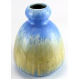 Ruskin crystalline vase in a double gourd form with blue and cream/yellow glaze copntaining