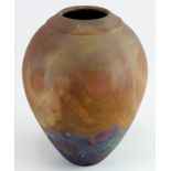 Studio pottery- Julie Furminger fumed raku ovid vase with seal mark to base, 17cm high.
