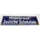 Enamel sign. An original blue & white 'Hildebrands Deutsche Schokolade' enamel sign (Chocolate