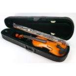 Violin (unnamed), length 37cm approx.(including button), with a bow, contained in a carrying case