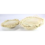 Belleek. Four strand oval basket with floral decoration to rim. Together with a round three strand
