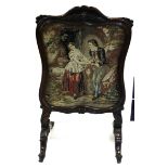 Fire screen. A large mahogany framed fire screen with an embroidered scene, depicting two figures,