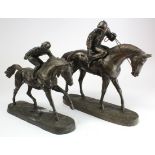 Horse racing interest. Two bronzed resin figures depicting horses and jockeys by Heredities,