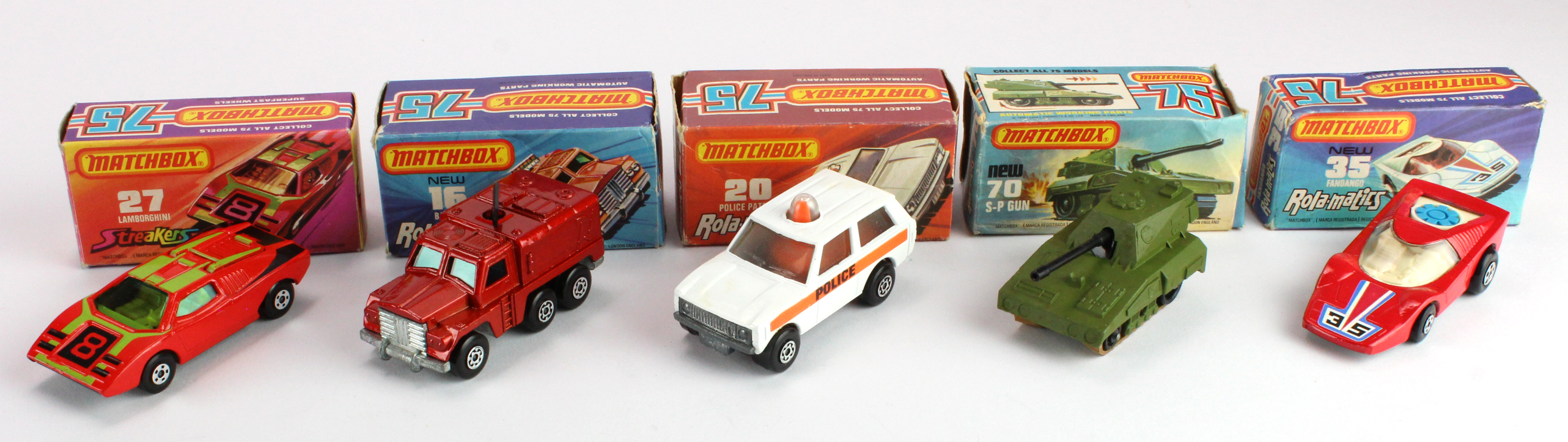 Matchbox 75 Rola-Matics Series, five boxed models, comprising nos. 16 (Badger); 20 (Police