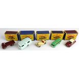 Matchbox Series Moko Lesney. Five boxed models, comprising no. 19 (MGA Sports Car); no. 20 (ERF