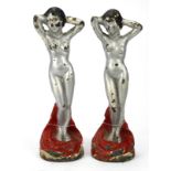 Two heavy cast metal painted art deco nude female figures, height 28cm approx.