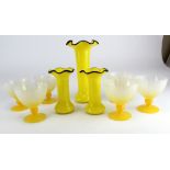 Six French yellow glass dessert bowls, height 12cm, diameter 11.5cm approx., together with three