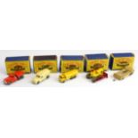 Matchbox Series Moko Lesney. Five boxed models, comprising no. 11 (Petrol Tanker, one inner flap