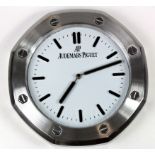 Advertising Wall Clock. 'Audemars Piguet' style advertising wall clock, white dial reads 'AP