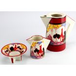 Wedgwood Clarice Cliff Bizarre Conical Coffee Set (Summerhouse), comprising coffee pot & lid, milk