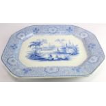 Singanese blue and white transferware platter depicting two figurines in an oriental landscape. 40cm