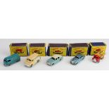 Matchbox Series Moko Lesney. Five boxed models, comprising no. 29 (Bedford Milk Truck, one inner