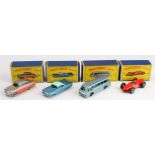 Matchbox Lesney. Four boxed models, comprising no. 33 (Ford Zodiac); no. 40 (Long Distance Coach);