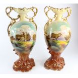 Pair of Victorian style painted vase by L Reid depicting sheep set in arural setting. Height