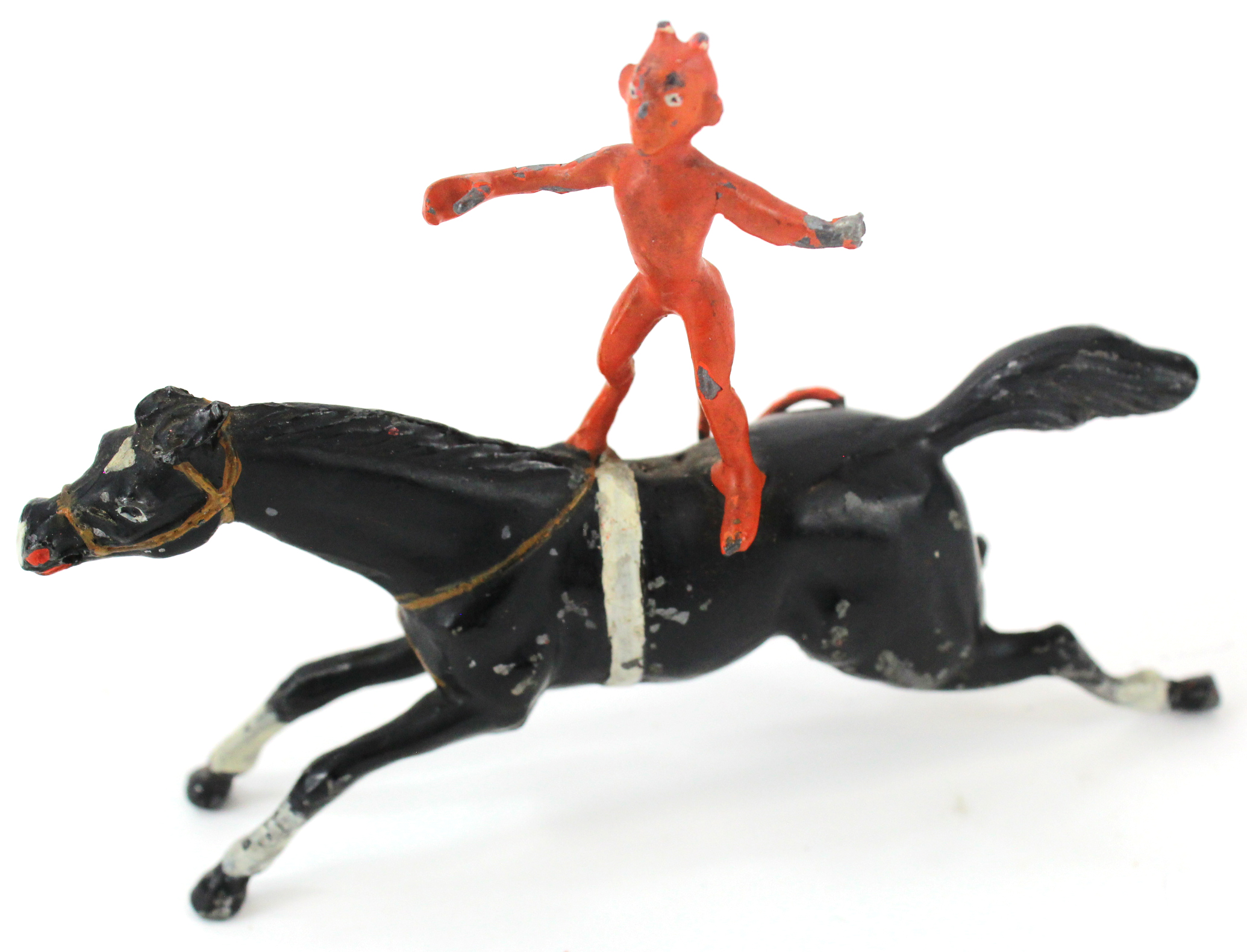 Heyde. Knick-knack/ nippes a devil riding a horse in lead, 9.5cm. (horse lacking half a leg, devil