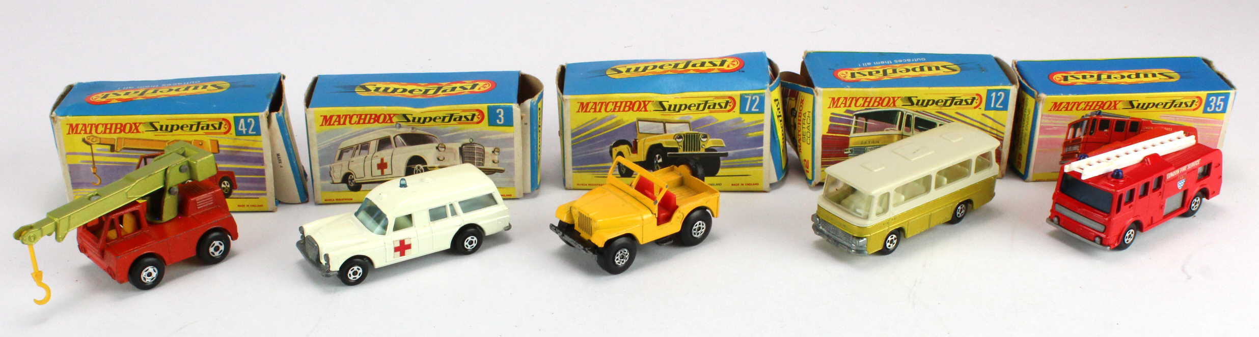 Matchbox Superfast. Five boxed models, comprising no. 3 (Mercedes Benz Binz Ambulance); no. 12 (