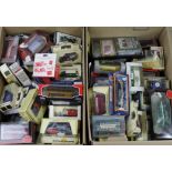 Diecast. Two boxes of various boxed diecast vehicles, makers include Lledo, Matchbox, Corgi etc.