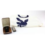 Playboy interest. Two original Playboy lighters, and a blue & white Playboy t-shirt, size Large (