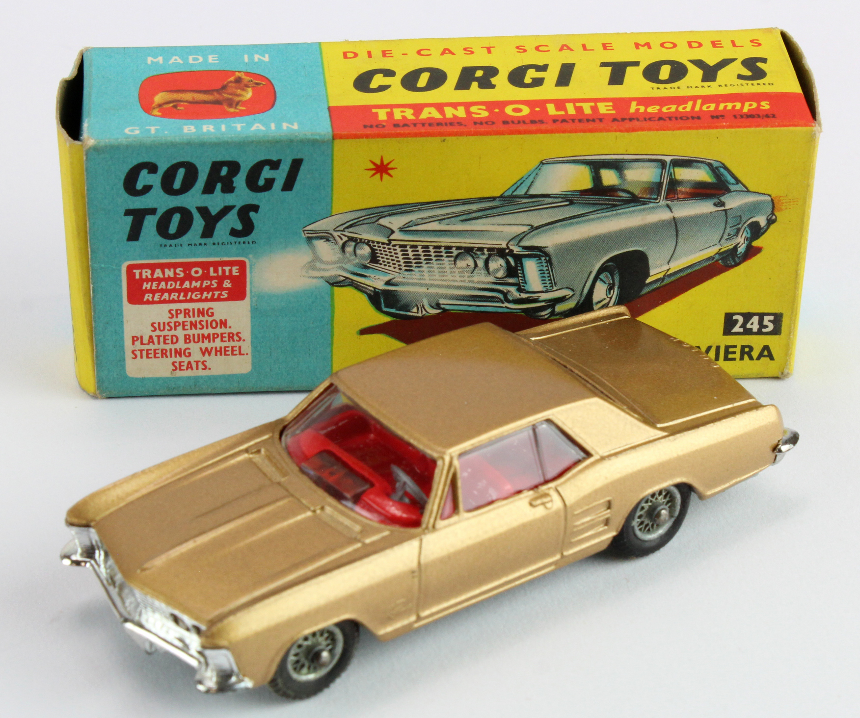 Corgi Toys, no. 245 'Buick Riviera' (gold), two bar present, contained in original box