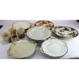 Belleek. Early black marked dinner plates and four flower encrusted items a/f. (12)