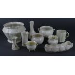 Belleek. Three cauldrons, a modern Belleek plant pot/jardiniere, three vases, one mug and others. (