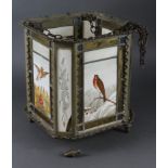Large brass framed hanging light shade, circa early 20th Century (?) with stained glass panels