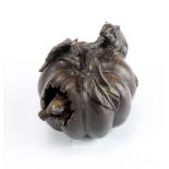 Netsuke. Meiji carved wooden netsuke in the form of a pumpkin with a mouse nibbling the leaves and