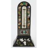 Pietra Dura- An Ashford black marble pietra dura thermometer inlaid with colourful stone with a