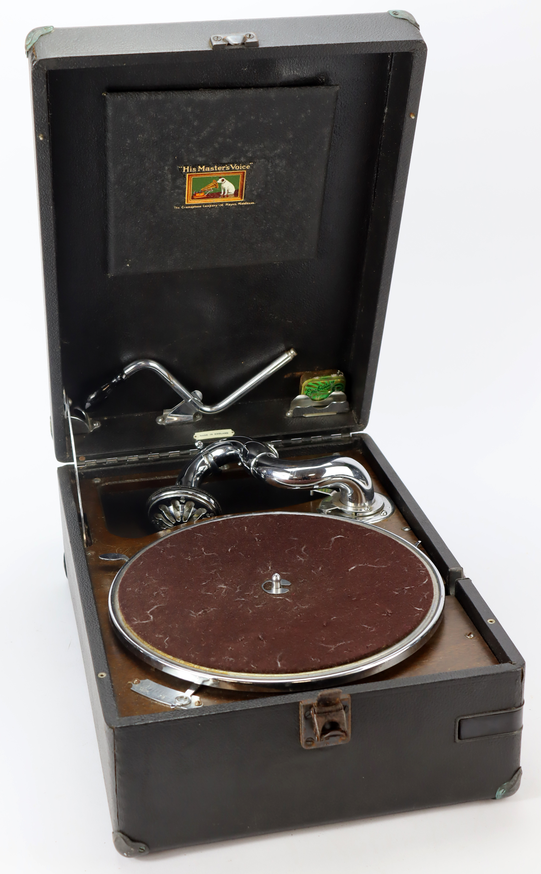 His Masters Voice portable gramophone, height 16cm, width 28.5cm, depth 42cm approx.