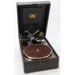 His Masters Voice portable gramophone, height 16cm, width 28.5cm, depth 42cm approx.