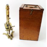 Brass monocular microscope by White & Barr, Glasgow, circa 19th Century, contained in contemporary