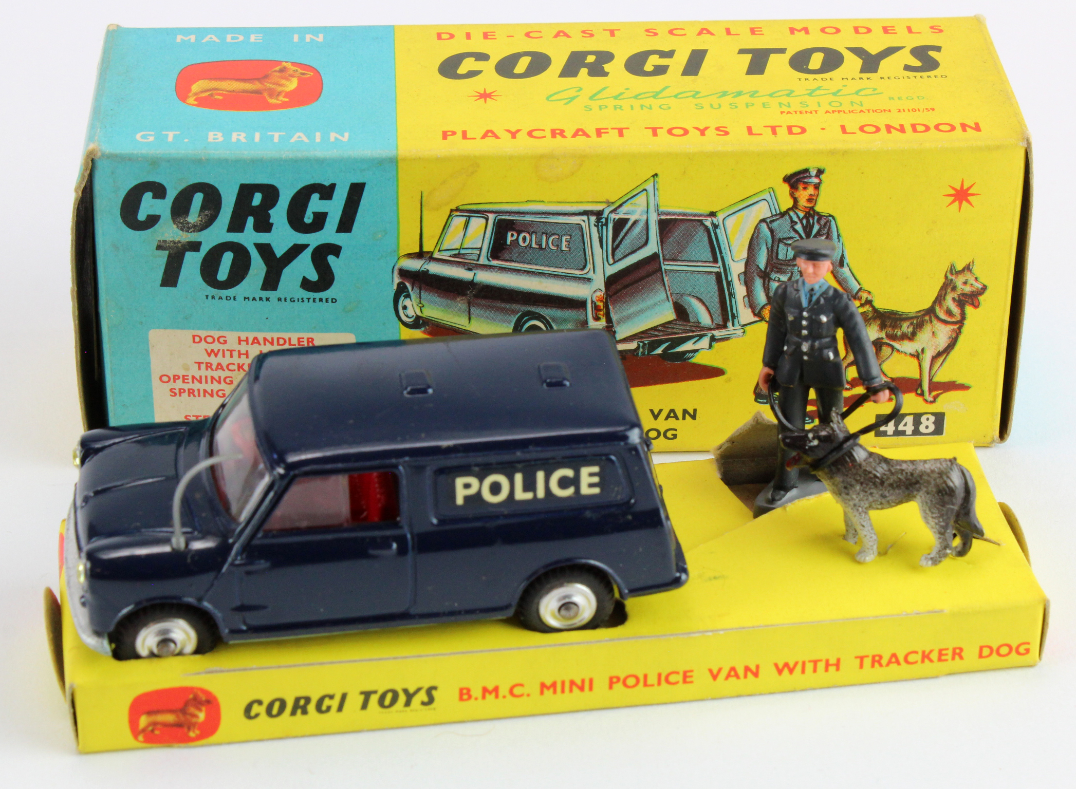 Corgi Toys, no. 448 'B.M.C. Mini Police Van with Tracker Dog', with insert (tear), policeman and