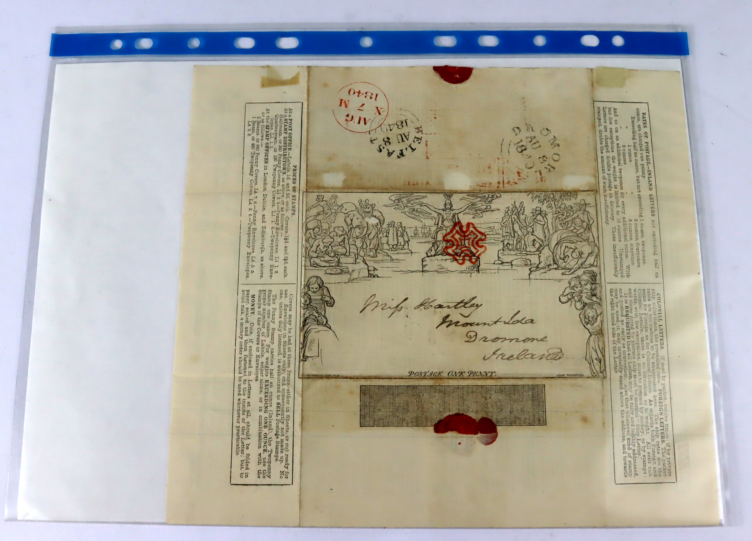 GB - 1d Mulready envelope letter sheet. Belfast to Dromore, date 8 AU 1840. Smith's Envelope