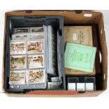 Crate containing approx 185 complete cigarette card sets, in pages & boxes, etc, mixed condition,