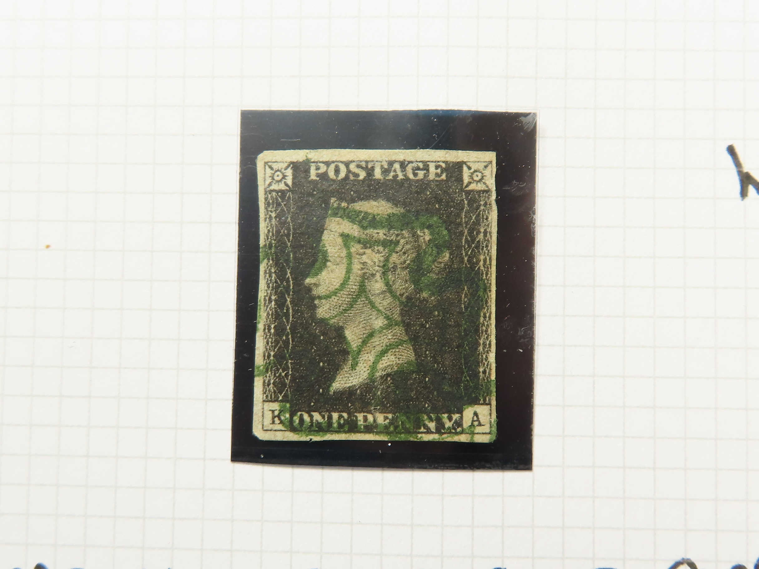 GB - 1840 Penny black, Plate 8, K-A, four good margins. The stamp has been franked with a green...
