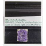 South Australia 1899-1901 Official 2d Misplaced opt error shifted left. "Half S on Left and