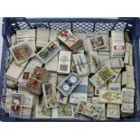 Blue plastic crate with a large qty of loose Cigarette Cards, in sets and part sets. (Qty)