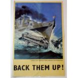 Poster WW2 - Back Them Up ! - A British cruiser ramming an Italian submarine in the Mediterranean.