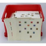 Large red plastic crate with accumulation on leaves and in albums with GB, French Colonies, USA,