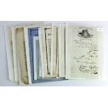 Fifteen original Victorian Inn / Pub receipts, circa 1818-1857 including Egdell, Alnwick; Wheat