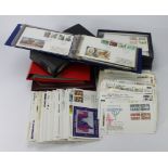GB FDC's in red plastic box, four albums, a shoebox and loose. Mid 1960's to c1990. Assortment of