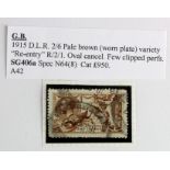 GB - 1915 DLR 2/6 Seahorse pale brown (worn plate) var "Re-entry" R2/1. Oval cancel, few clipped