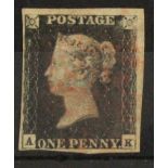 GB - 1840 Penny Black Plate 9 (A-K) four margins, surface scuffing n/e corner, good used, cat £625