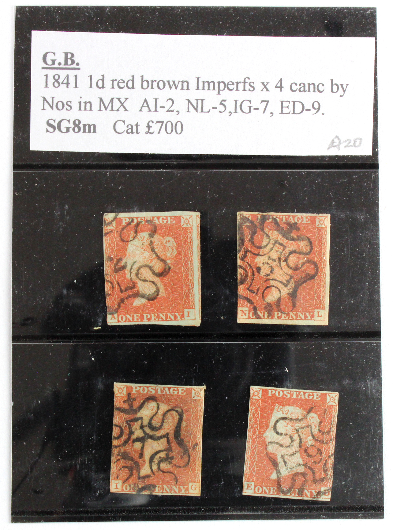 GB - 1841 1d Red Brown, imperfs, cancelled with black numeral MX's, No's 2/5/7/9, cat £700. (4)