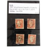 GB - 1841 1d Red Brown, imperfs, cancelled with black numeral MX's, No's 2/5/7/9, cat £700. (4)