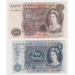 Fforde (2) 10 Pounds with nice REPEATER serial number and 5 Pounds FIRST SERIES both issued 1967,