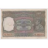 India 100 rupees issued 1937, scarcer MADRAS branch issue, series A/71 261597 (TBB B204a6,