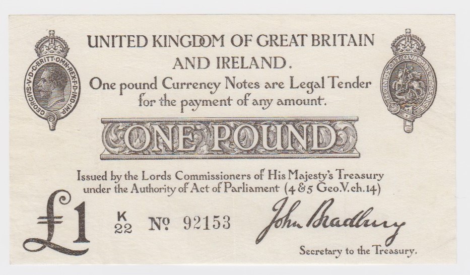 Bradbury 1 Pound issued 23rd October 1914, serial K/22 92153 (T11, Pick349a) two tiny pinholes,
