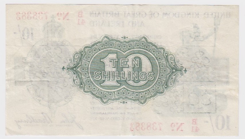 Bradbury 10 Shillings issued 16th December 1918, red serial No. B/41 738383, No. with dash (T20, - Image 2 of 2